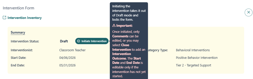 Student Intervention Form Initiate Draft