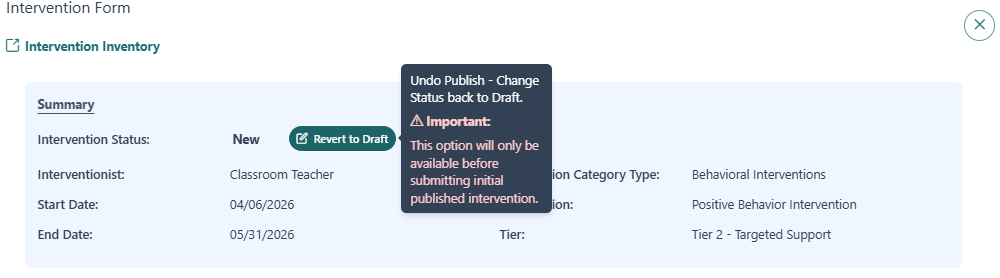 Student Intervention Form Initiate Draft